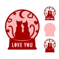 Valentines Day. Globe with cats, moon,stars. Love symbols. Paper,laser cut template with phrase