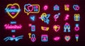 Valentines Day glowing neon icons pack. Vector