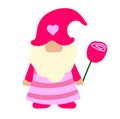 Valentines day gnome with rose illustartion. Cute vector