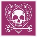 Valentines day goth skull vector drawing. Block print of low brow heart skeleton in viva magenta. Royalty Free Stock Photo