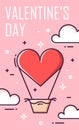 Valentines day greeting card with air balloon and clouds on pink background. Thin line flat design. Vector banner Royalty Free Stock Photo