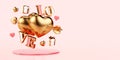 Valentines Day greeting card background with golden hearts pierced by arrow, gifts and copy space in 3D rendering. Romantic design Royalty Free Stock Photo