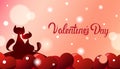 Valentines Day Greeting Card Background Two Silhouette Cats Over Red Hearts