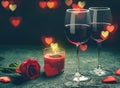 Valentines day greeting card concept. Wine glasses, rose and can