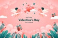 Valentines day greeting card with cupids, hearts and flowers. Vector illustration.