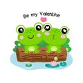 Valentines day greeting card. Cute couple frogs fall in love