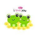 Valentines day greeting card. Cute couple frogs fall in love