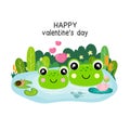 Valentines day greeting card. Cute couple frogs fall in love