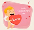 Valentines Day greeting card with cute cupid holding big red heart Royalty Free Stock Photo