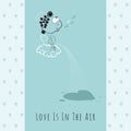 Valentines Day greeting card with cute cupid standing on a cloud and peeing down heart-shaped. Cheerful cartoon