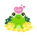 Valentines day greeting card. Cute frog with heart on flower field Royalty Free Stock Photo