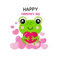 Valentines day greeting card.Cute frog holding pink hearts