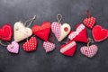 Valentines day greeting card. Decorative textile hearts on stone background. Top view. Copy space Royalty Free Stock Photo