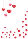 Valentines day greeting card design in 3d style on white background. Hanging red hearts and falling red rose petals.