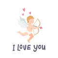 Valentines Day greeting card with funny cupid with bow and arroew. I love you inscription and Angel or Amour on white