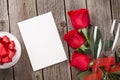 Valentines day greeting card, gift box and red roses Royalty Free Stock Photo