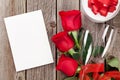 Valentines day greeting card, gift box and red roses Royalty Free Stock Photo