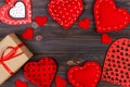 Valentines day greeting card. Handmaded hearts on wooden table. Top view, copy space Royalty Free Stock Photo