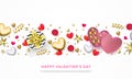 Valentines day greeting card of heart gift box, chocolate candy in golden wrapper and golden confetti or pink flowers pattern. Vec Royalty Free Stock Photo