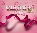 Valentines day greeting card with long pink ribbon with shadow and hearts.