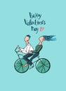 Valentines Day greeting card. Loving couple taking a ride on a bicycle illustration and hand-lettered greetings Royalty Free Stock Photo