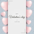 Valentines Day greeting card with pink balloons hearts.