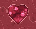 Valentines Day greeting card with red blurry hearts and floral pattern.