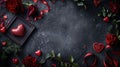 Valentines day greeting card. Red roses, hearts and gift box on black stone background. Top view with copy space Royalty Free Stock Photo