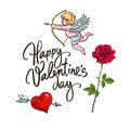 Valentines Day greeting card. Sketch of cute Cupid aiming bow and arrow red rose, heart pierced by arrow, Vector illustration Royalty Free Stock Photo