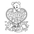 Valentines day greeting card with teddy bear with scrapbook heart. 14 february greeting card with hearts. Vector illustration