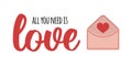 Valentines day greeting card template. All you need is love - text lettering. Cute love letter envelope with heart. Romantic clip Royalty Free Stock Photo