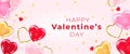 Valentines day greeting card. Vector illustration of realisitic 3d hearts, golden heart shaped frames, glitter and