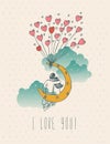 Valentines day greeting card in vintage hipster design with couple. I love you retro note. Hand drawn style.