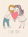 Valentines day greeting card in vintage hipster design with cute boy and girl. I love you retro note. Hand drawn style.