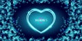 Valentines day greeting horizontal banner with blue neon heart and glowing azure petals isolated on background