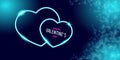 Valentines day greeting horizontal banner with blue neon heart and glowing azure petals isolated on background