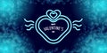 Valentines day greeting horizontal banner with blue neon heart and glowing azure petals isolated on background