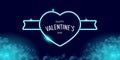 Valentines day greeting horizontal banner with blue neon heart and glowing azure petals isolated on background