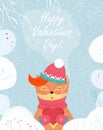 Valentines Day Greeting Winter Fox Hold Red Heart