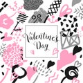 Valentines Day Hand Drawn Card with Romantic Elements. Hipster Love Memphis Background. Vintage 80s 90s Design for Fabric