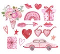 Valentines day hand drawn elements set. Watercolor illustrations of pink and red hearts  special delivery car  arrow  roses Royalty Free Stock Photo