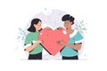 Young man and woman lover hugging big heart. Romantic lovers for valentine\'s day. Family. In love, caring