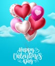 Valentines day heart balloons vector design. Happy valentines day text with colorful bunch of heart balloons Royalty Free Stock Photo