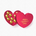 Valentines day heart gift box with chocolate candy in golden wrapper and gold calligraphy text for greeting card. Vector Happy Val Royalty Free Stock Photo