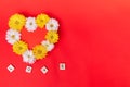 Valentines Day heart made of beautiful flowers isolated on red background.