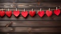 Valentines Day Heart Mark on Rope, Romantic Background with Hanging Red Hearts on Wood