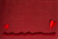 Valentines day heart on old red textile border fabric backgrounds. Template top view with copy space