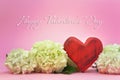 Valentines Day heart. Red wooden heart and white snowball flowers on pink background