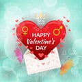 Valentines day heart shaped greeting card raised by butterflies, mail with astrological signs of male and female