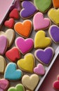 Valentines Day heart sugar cookies with colorful icing on baking tray Royalty Free Stock Photo